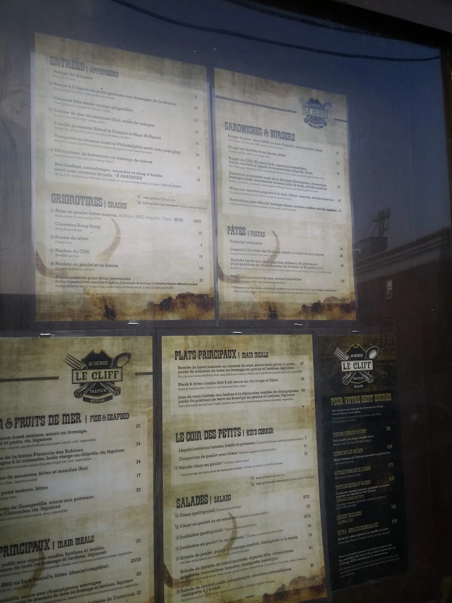 Menu, Auberge Ayer's Cliff