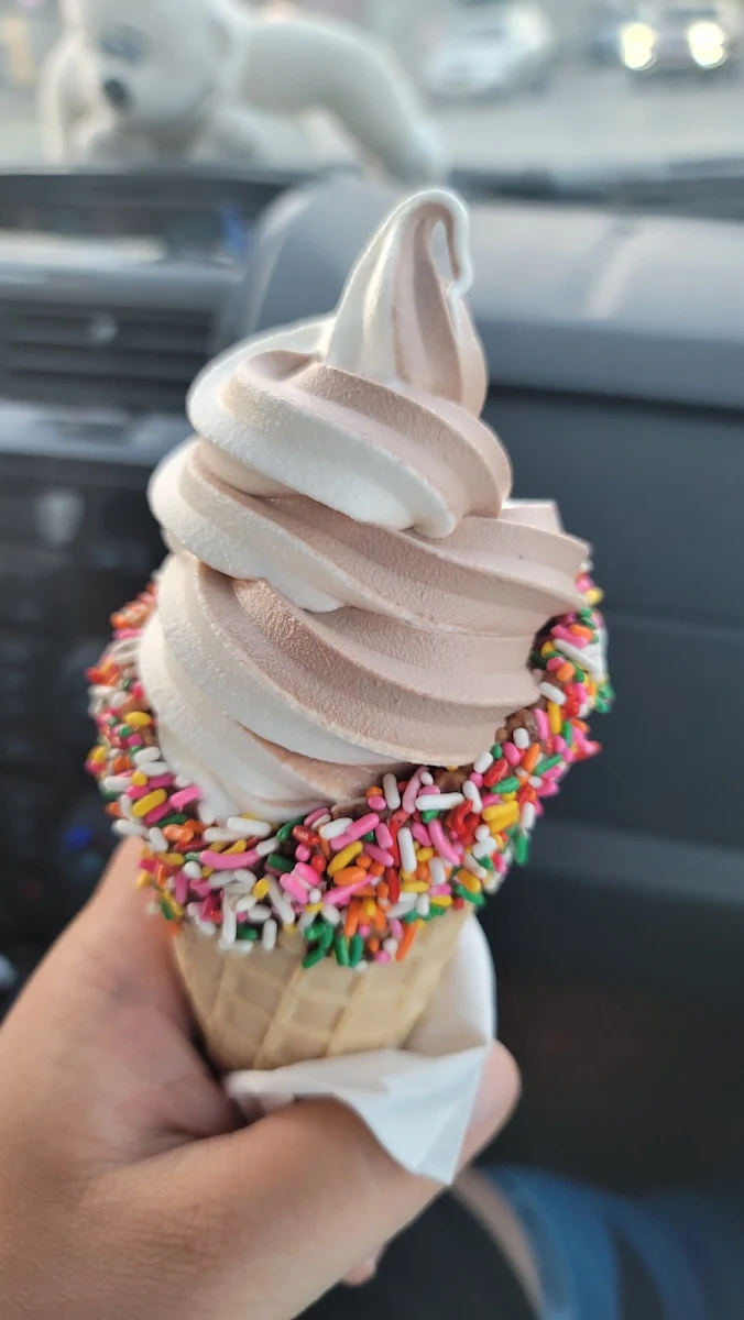 Twist Soft Serve with a Chocolate Dipped Sprinkles Waffle Cone