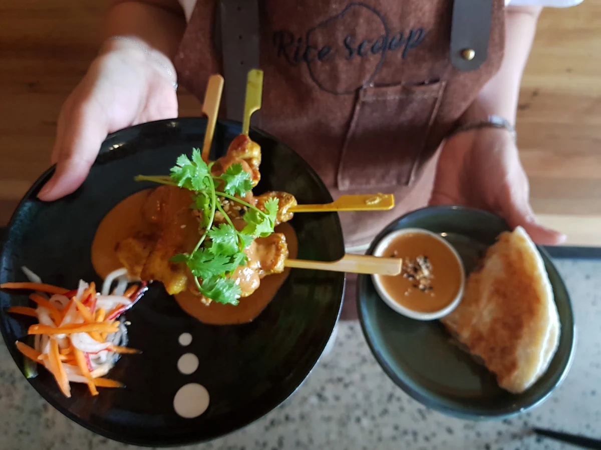 Satay Chicken Plus Roti, Rice Scoop