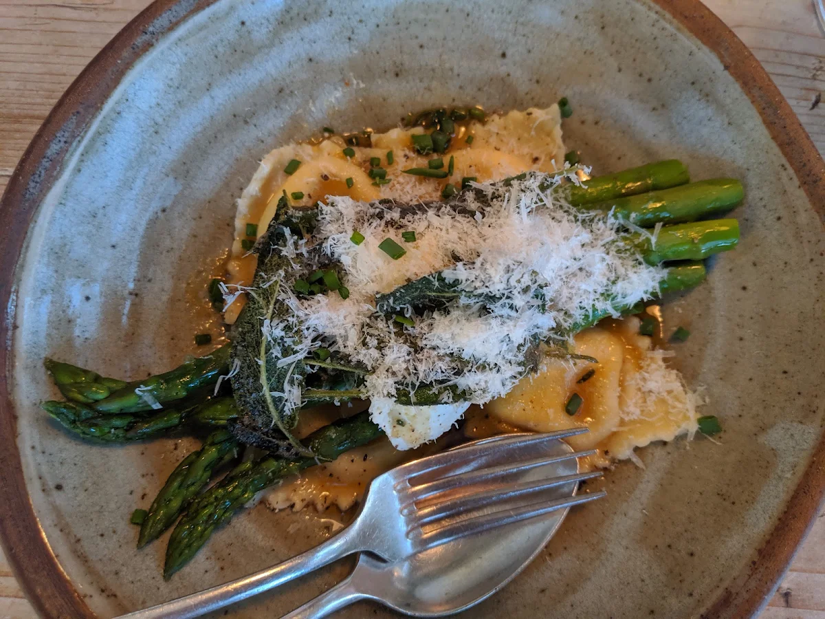 Goat Curd Ravioli with Asparagus Burnt Butter Sauce