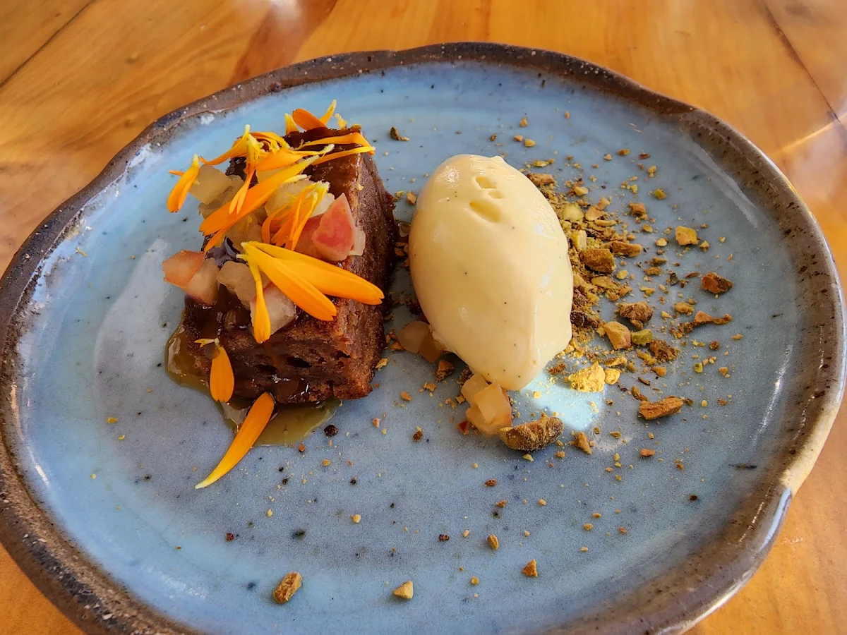Persimmon Pudding with Miso Caramel Verjuice Pickled Apple & Vanilla Ice Cream