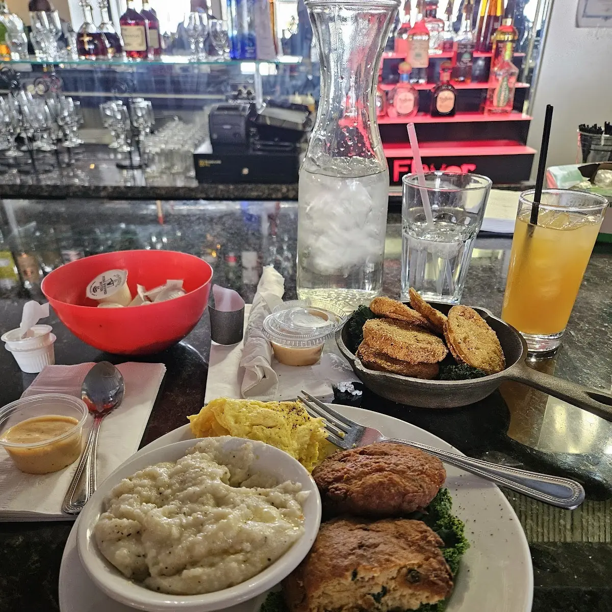 Grits Scrambled Eggs Salmon Cakes and Fried Green Tomatoes