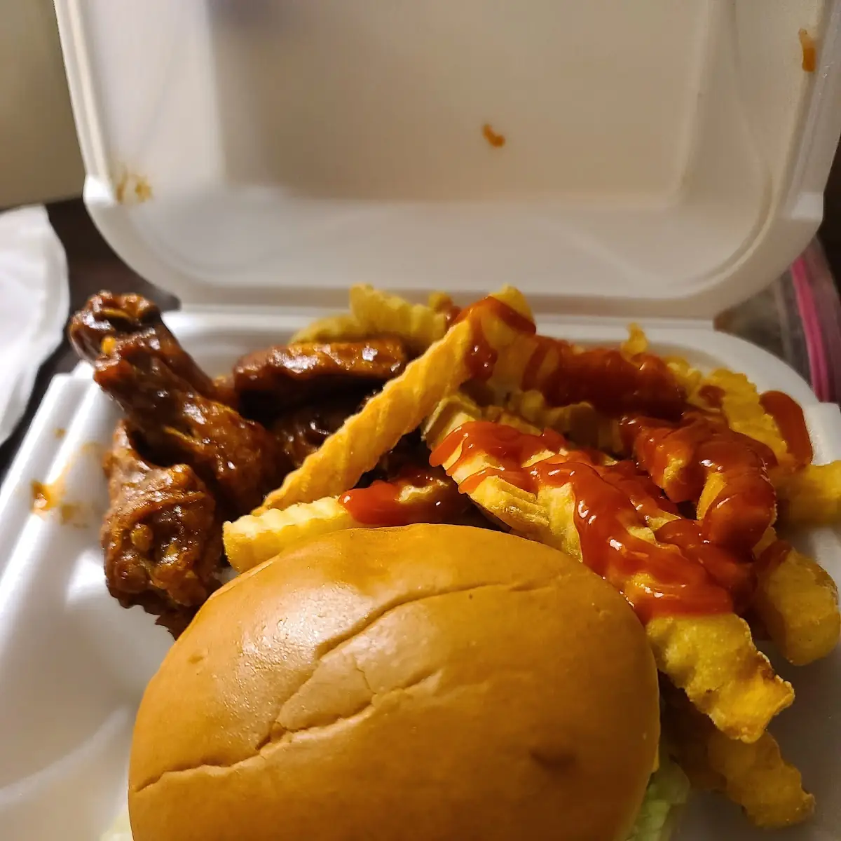 Bacon Cheeseburger and Fries and 5 Piece BBQ Wings