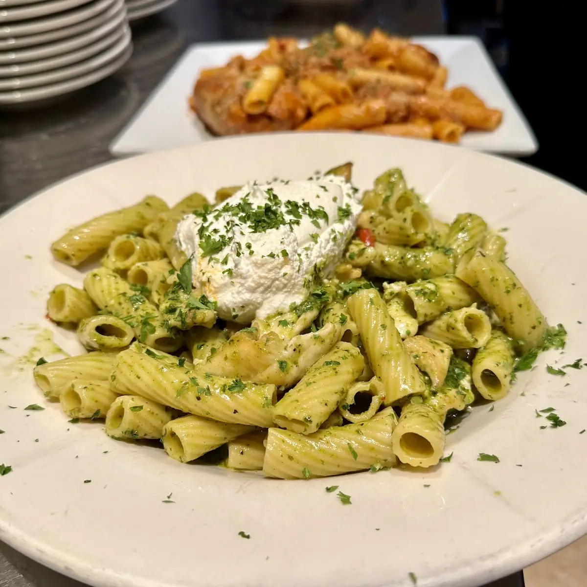 Chicken Pesto over Rigatoni