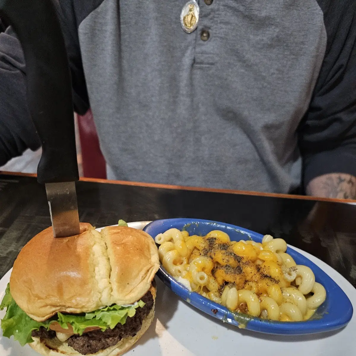 Burger and Mac and Cheese