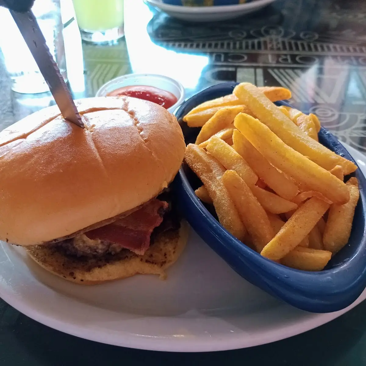 Caramelized Onion Bacon Cheddar Burger