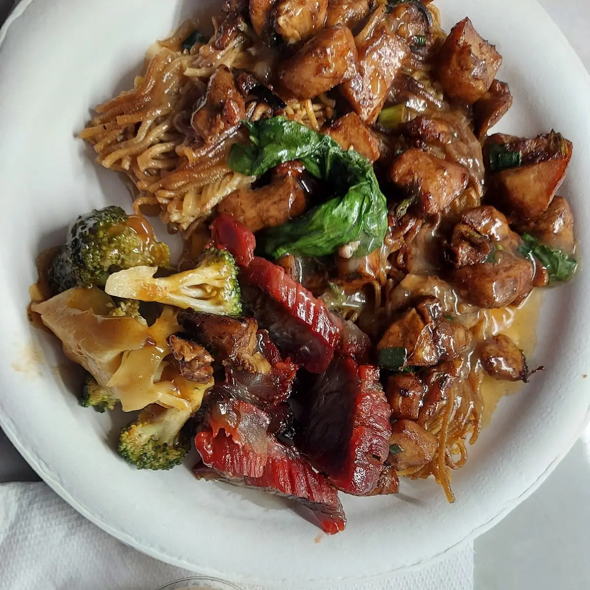 Minute Chicken with Cake Noodles Char Siu Broccoli