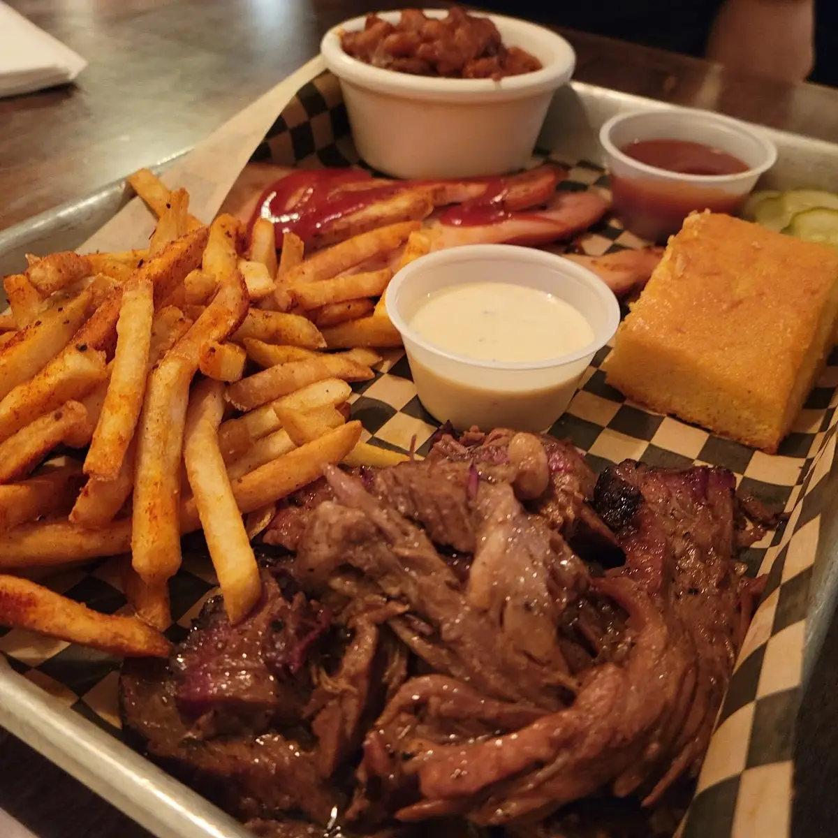 Two Meat Platter with Brisket and Pulled Pork Mac and Cheese