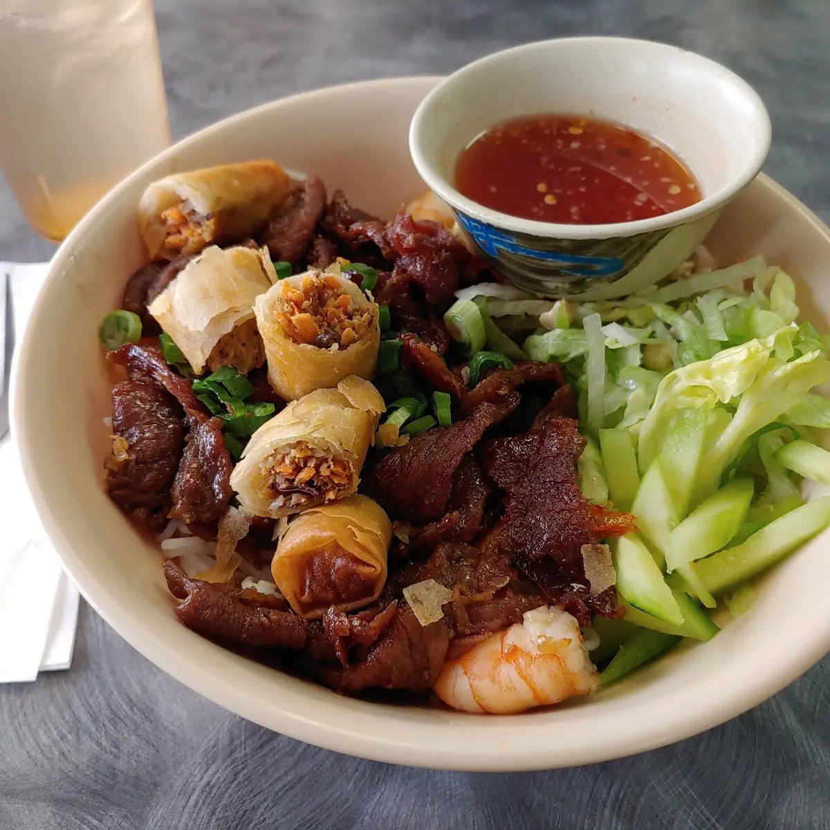 Vermicelli with Grilled Pork Shrimps and Egg Roll