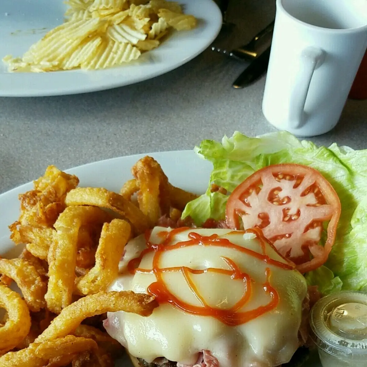 Swiss Burger w Onion Rings