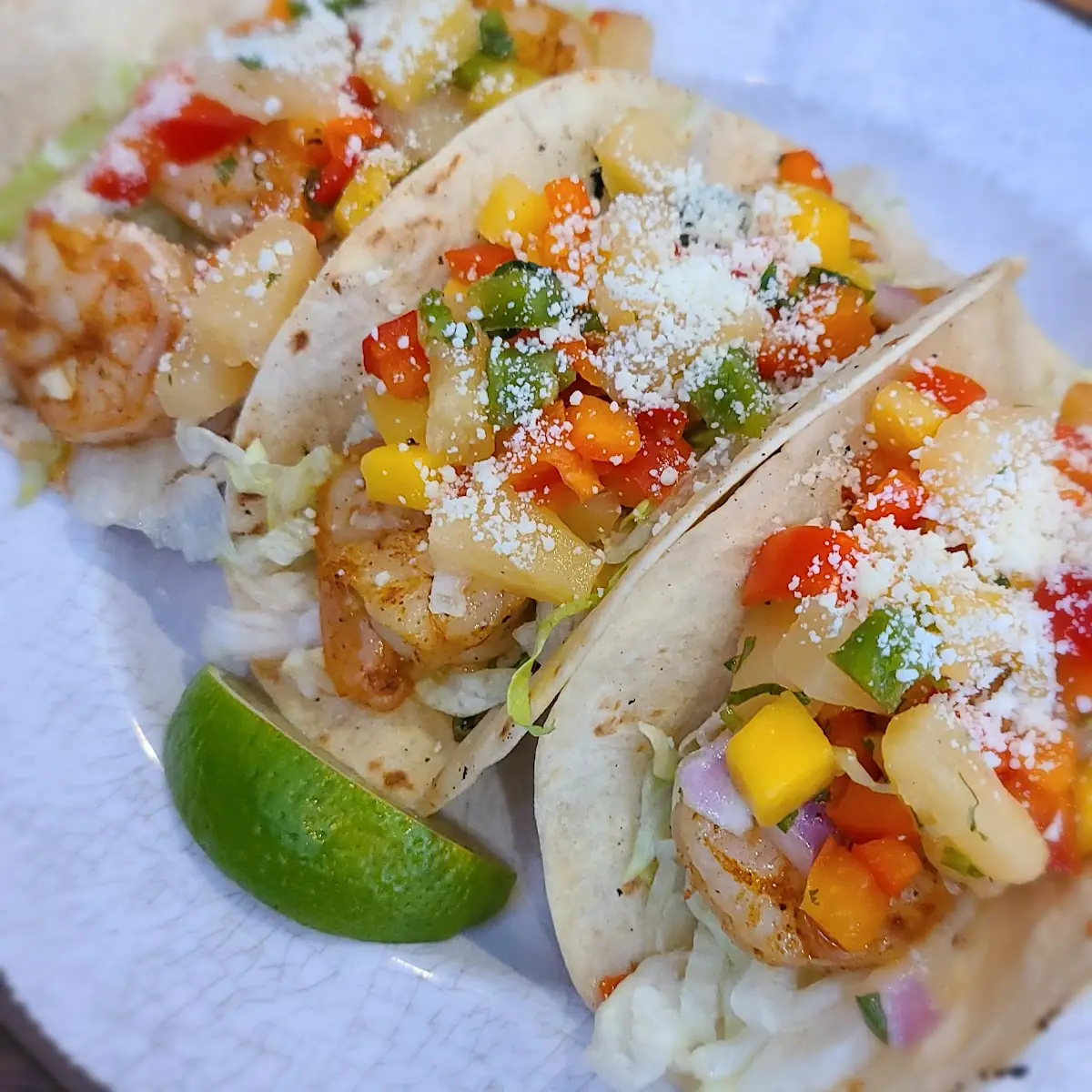 WB Dooley's Blackened Shrimp Tacos w Mango Salsa