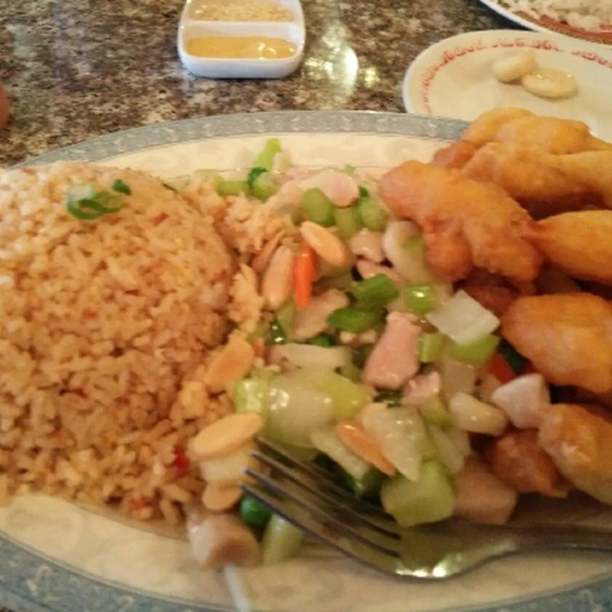 Lunch Special Mar Far Chicken Pork Fried Rice and Almond Chicken Chow Mein