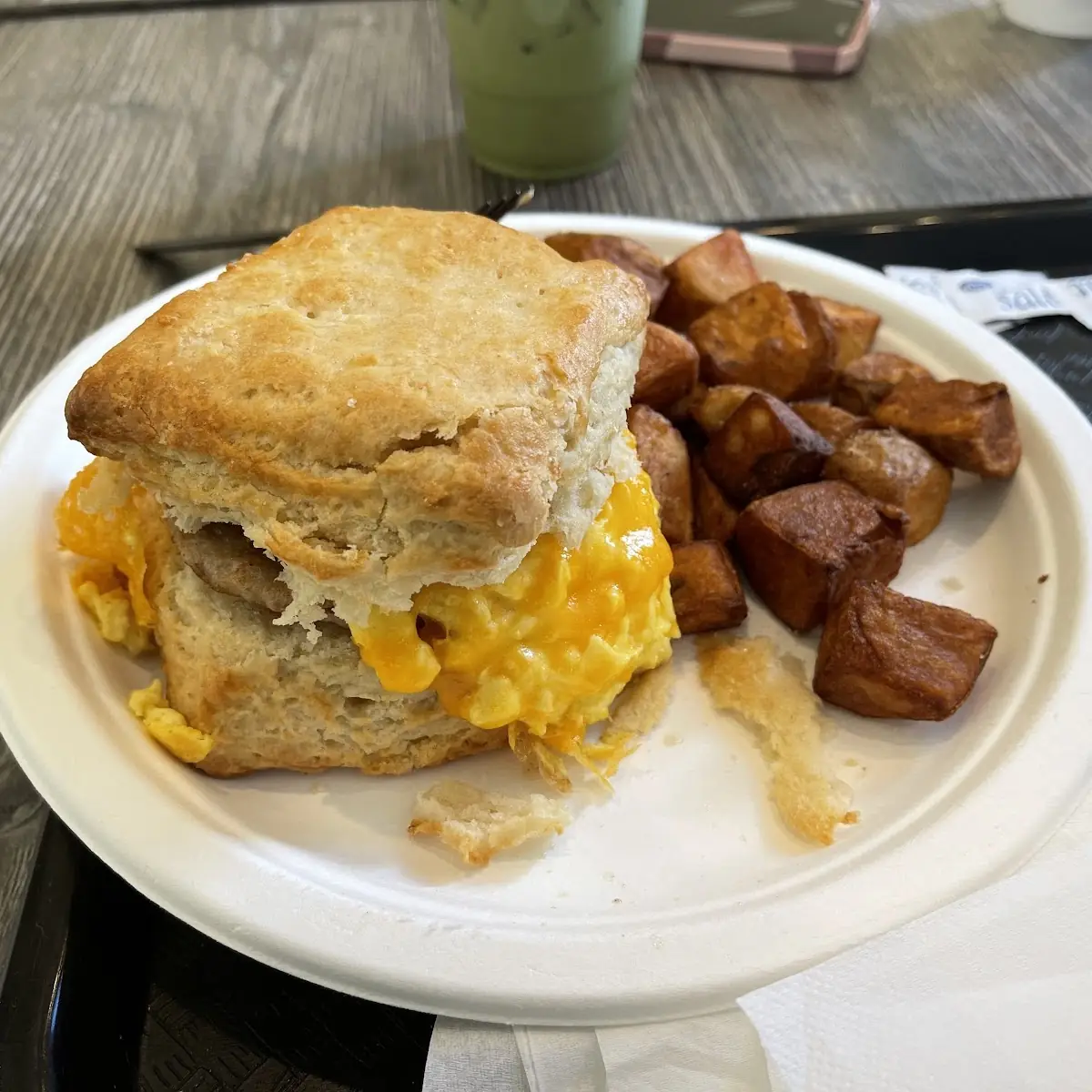 Egg Cheese & Sausage Biscuit with a Side of Potatoes