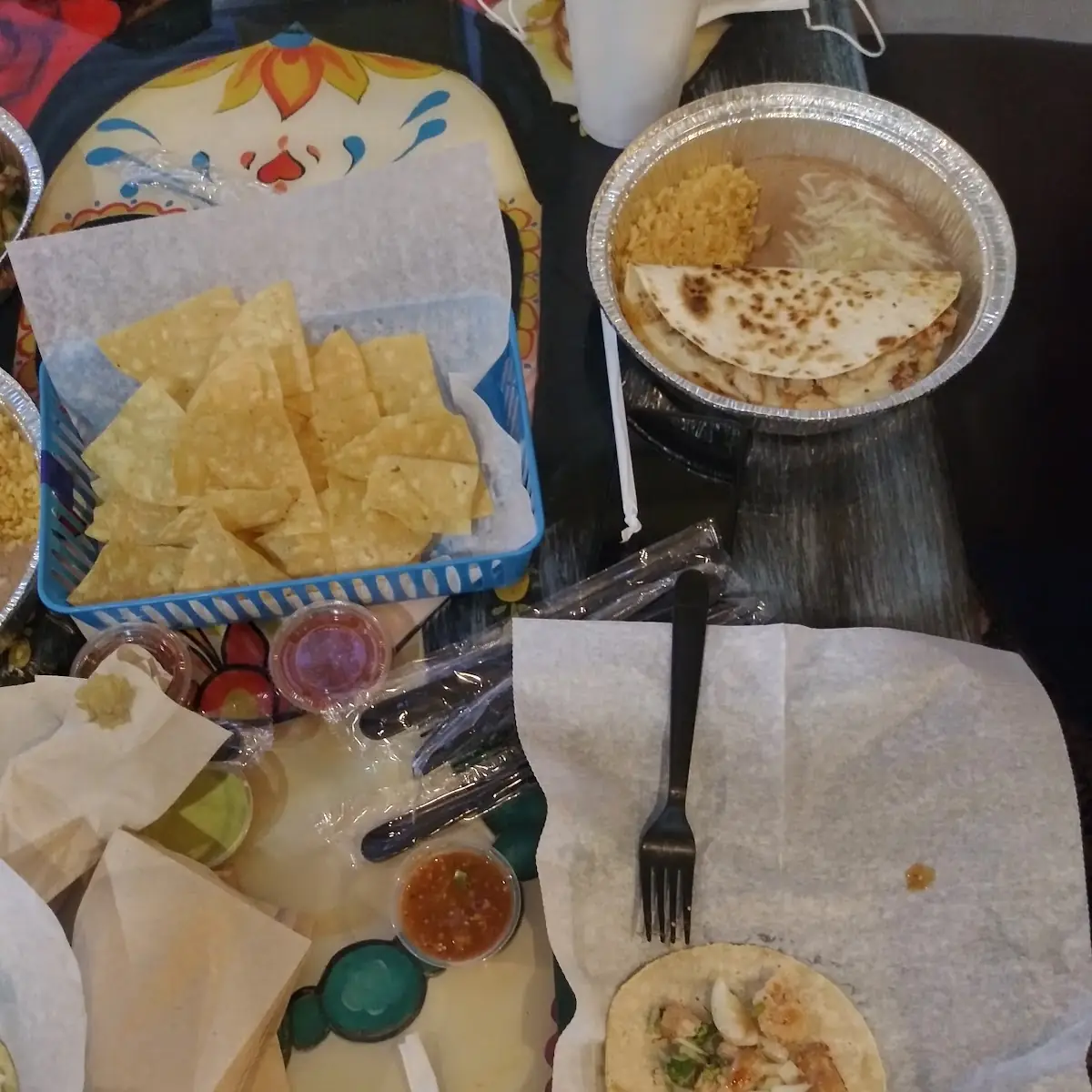 Chicken Tacos Chips Rice Beans