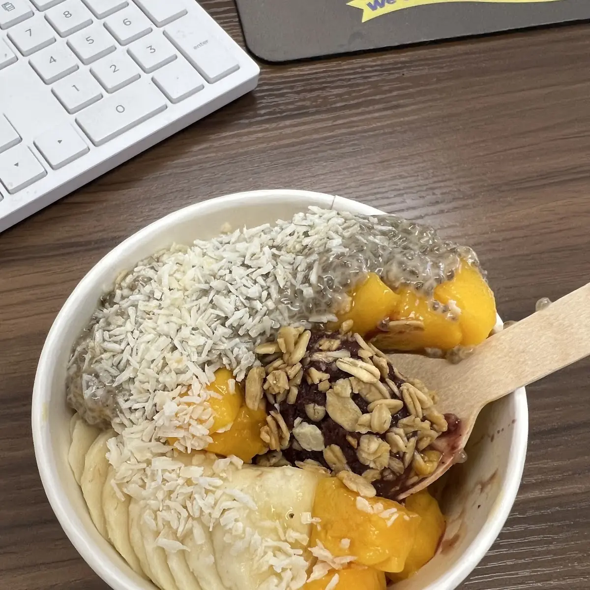 Açaí Bowl with Banana Mango Granola Chia Pudding and Coconut