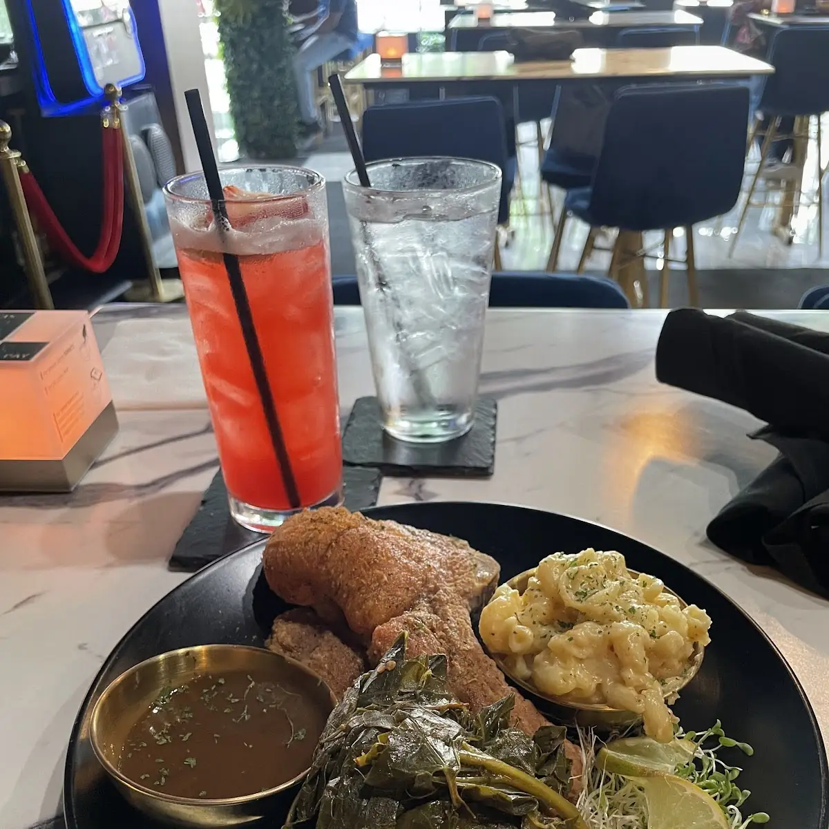 Fried Pork Chop with Greens and Mac and Cheese