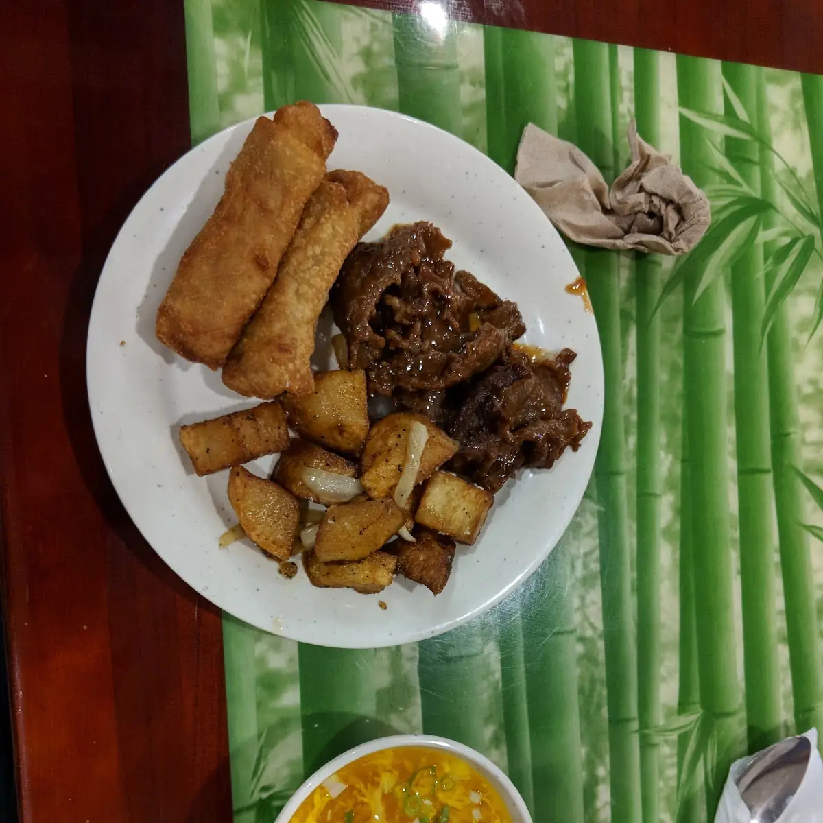 Beef Potatoes Spring Rolls & Egg Drop Soup