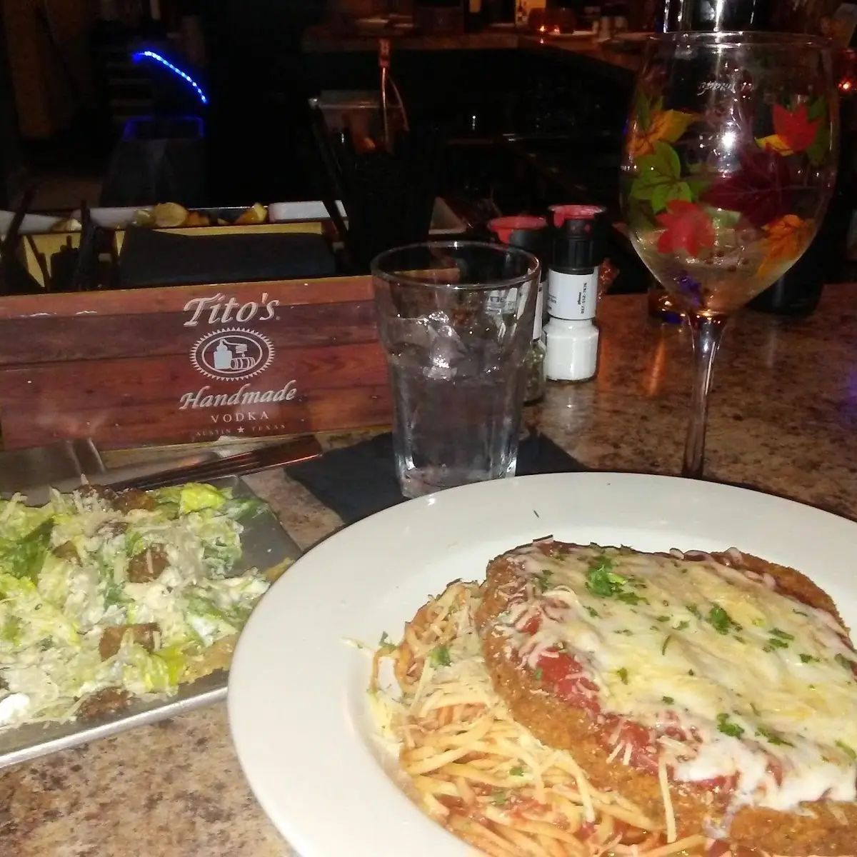 Chicken Parmesan with Spaghetti Ceasar Salad