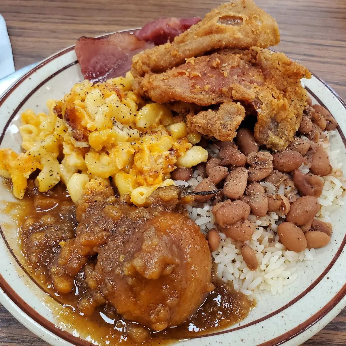 Pork Chops Mac and Cheese Rice and Beans