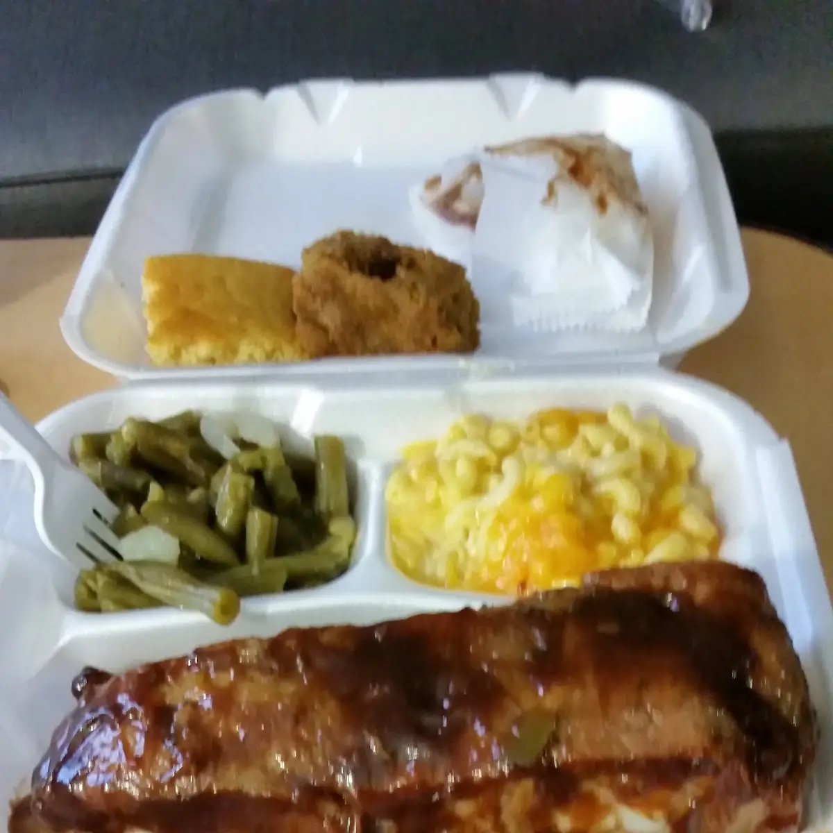 BBQ Ribs String Beans Black Eyed Peas and Cornbread