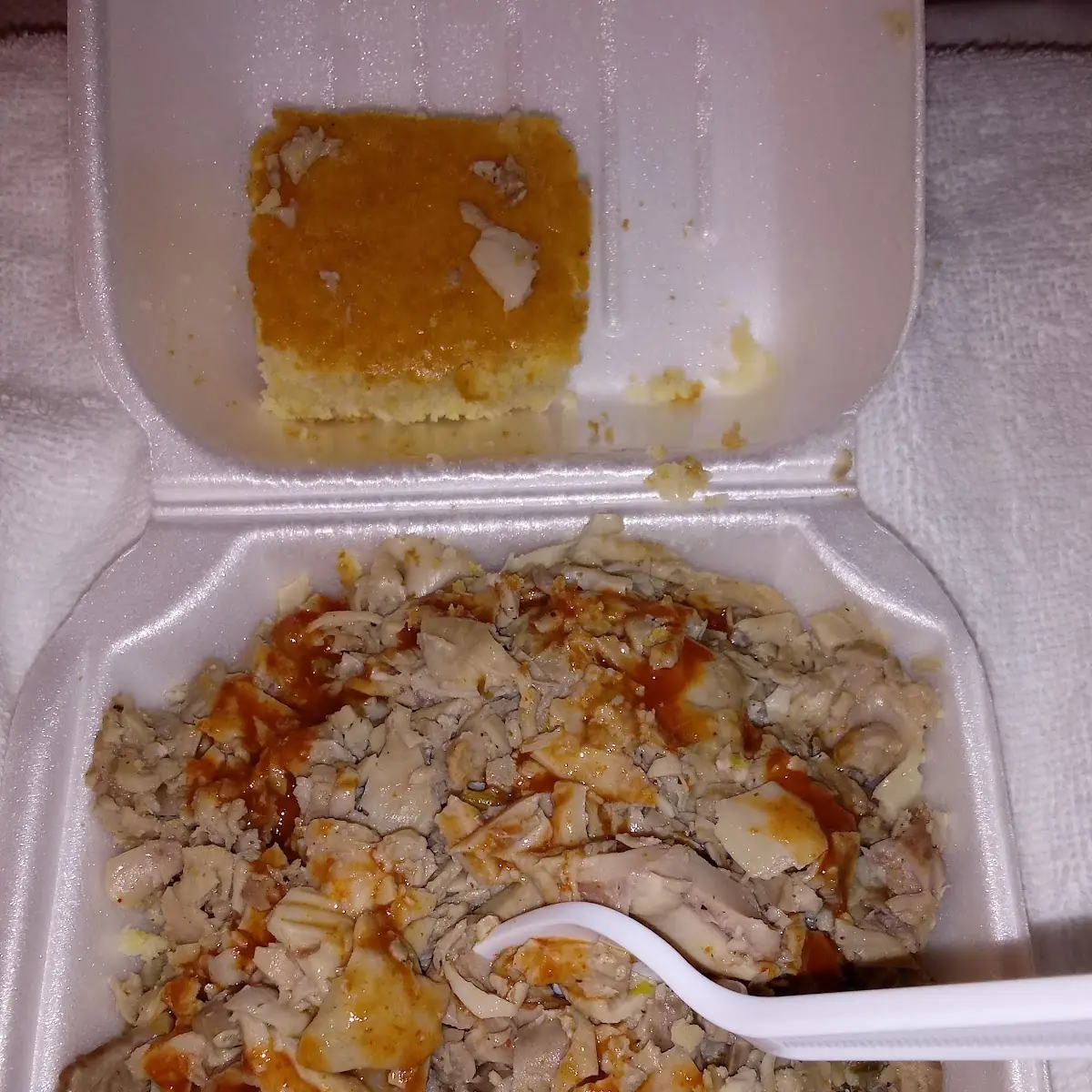 Chitterlings and Rice with Hot Sauce and Cornbread