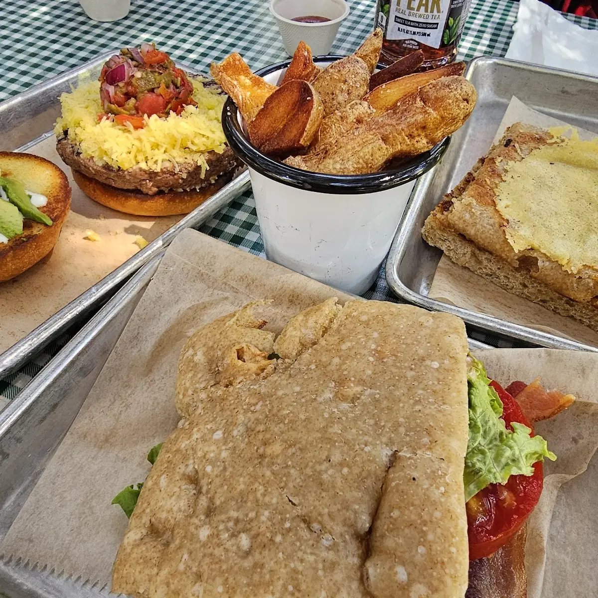 Green Chile Pico Burger Fingerling Potatoes Inside Out Cheese Melt and blt with Chipotle Mayo
