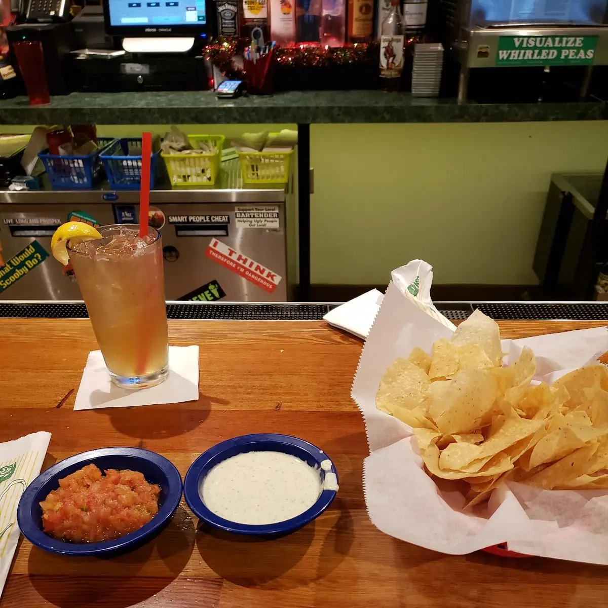 Free Nachos Light and Crispy not Too Thick Dipping Sauce Long Island Iced Tea