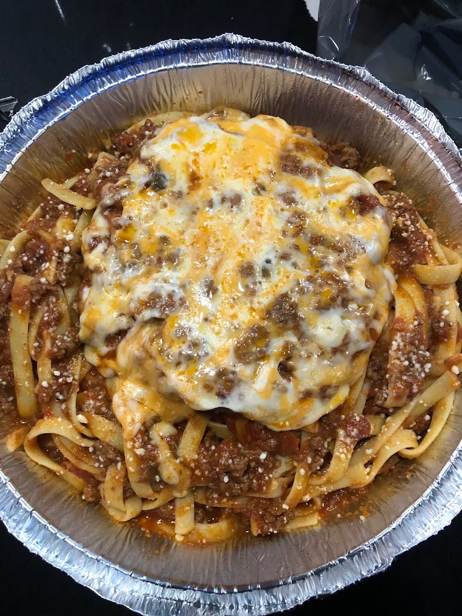 Chicken Parm with Meat Sauce on Fettuccine Noodles, Ritz Bites Bar and Grill