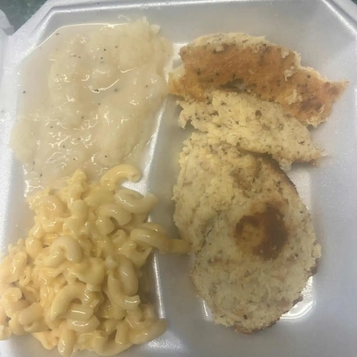 Fried Chicken Macaroni and Cheese Cream Corn and Dinner Rolls