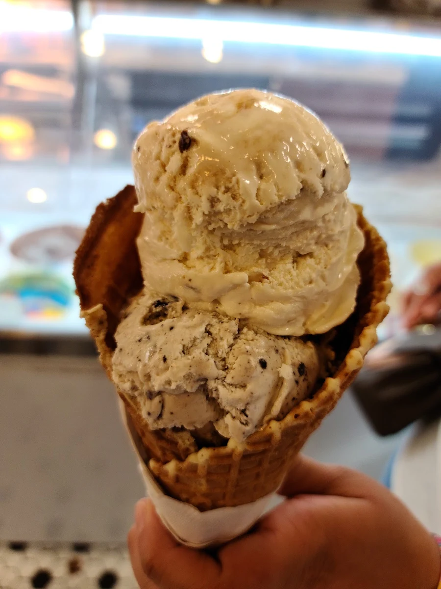 Caramel and Pistachio Two Scoop Waffle Cone