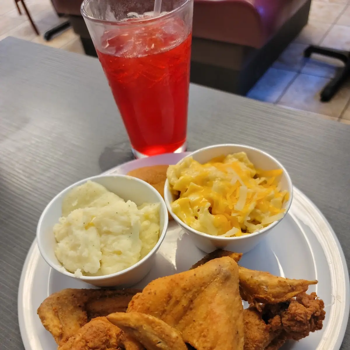 Fried Chicken Wings Garlic Mashed Potatoes and Macaroni and Cheese