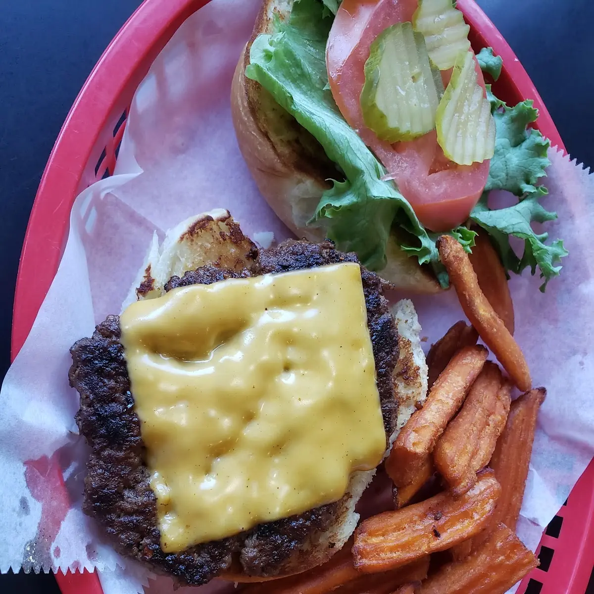 Cheese Burger with Sweet Potato Fries