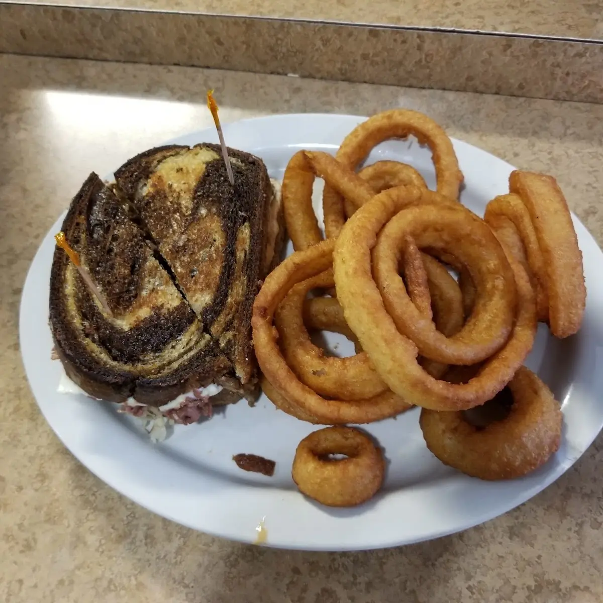 Rueben with Onion Rings