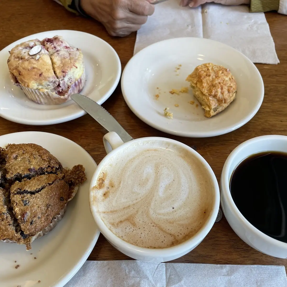 Drop Coffee Almond Chai Latte Breakfast Bran Muffin Cheese Scones and Raspberry Muffins