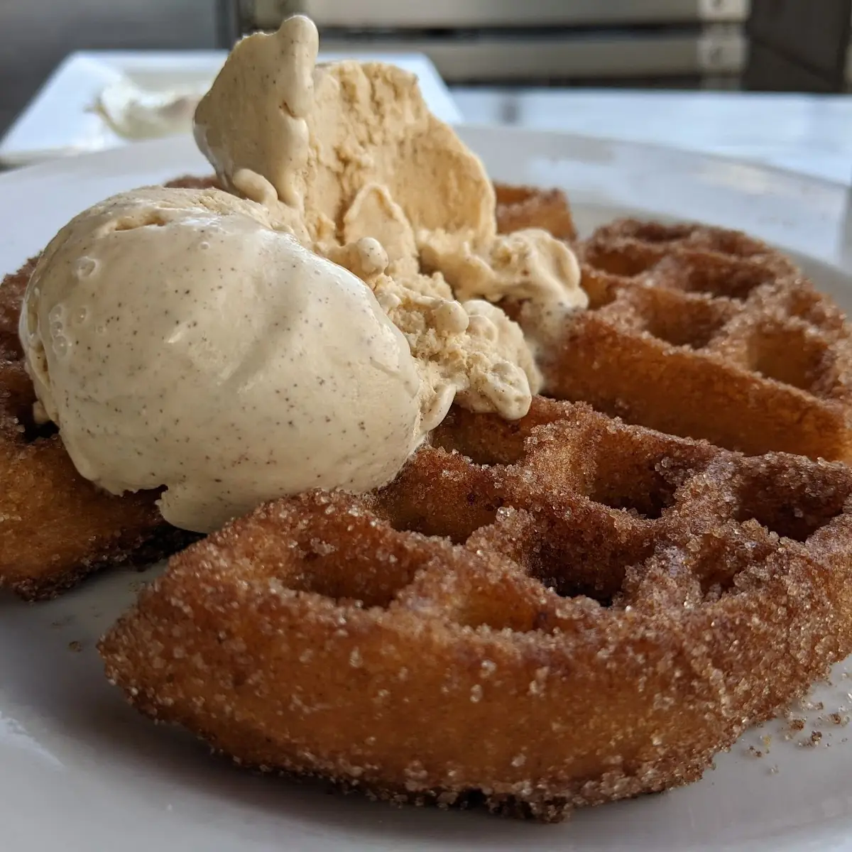 Churro Waffle with Vanilla Ice Cream
