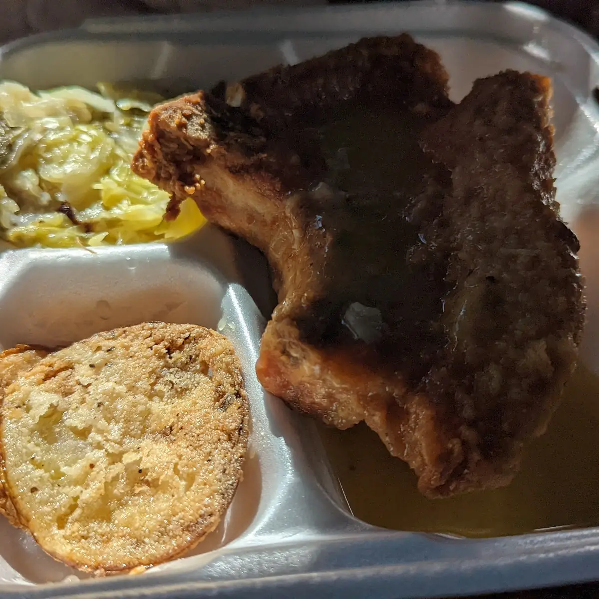 Smothered Pork Chops Fried Green Tomatoes and Cabbage