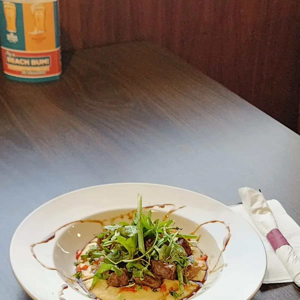 Bourbon Tips on Marshmallow Mashed Potatoes with Arugula Spring Mix