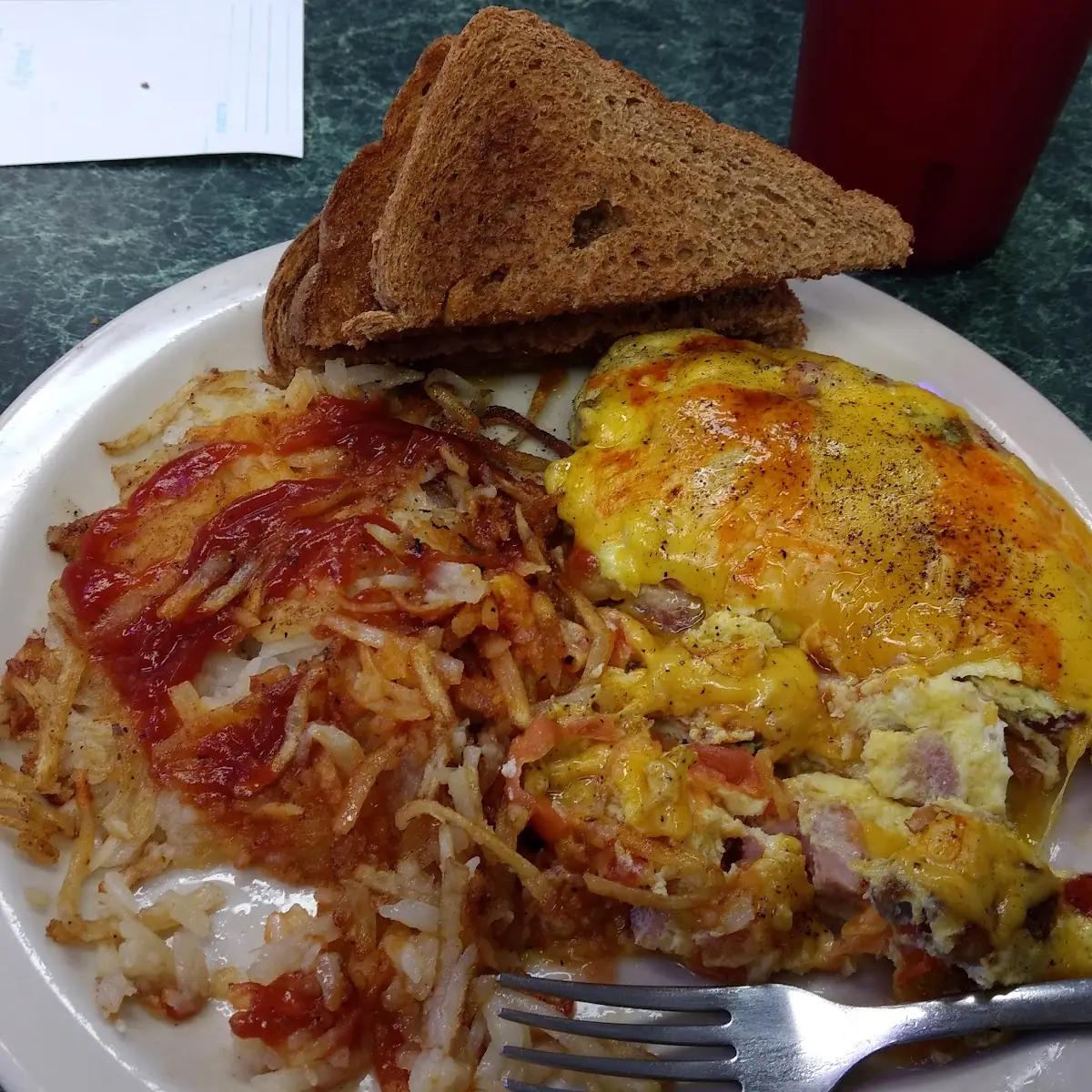 Breakfast Omelet Hash Browns and Toast