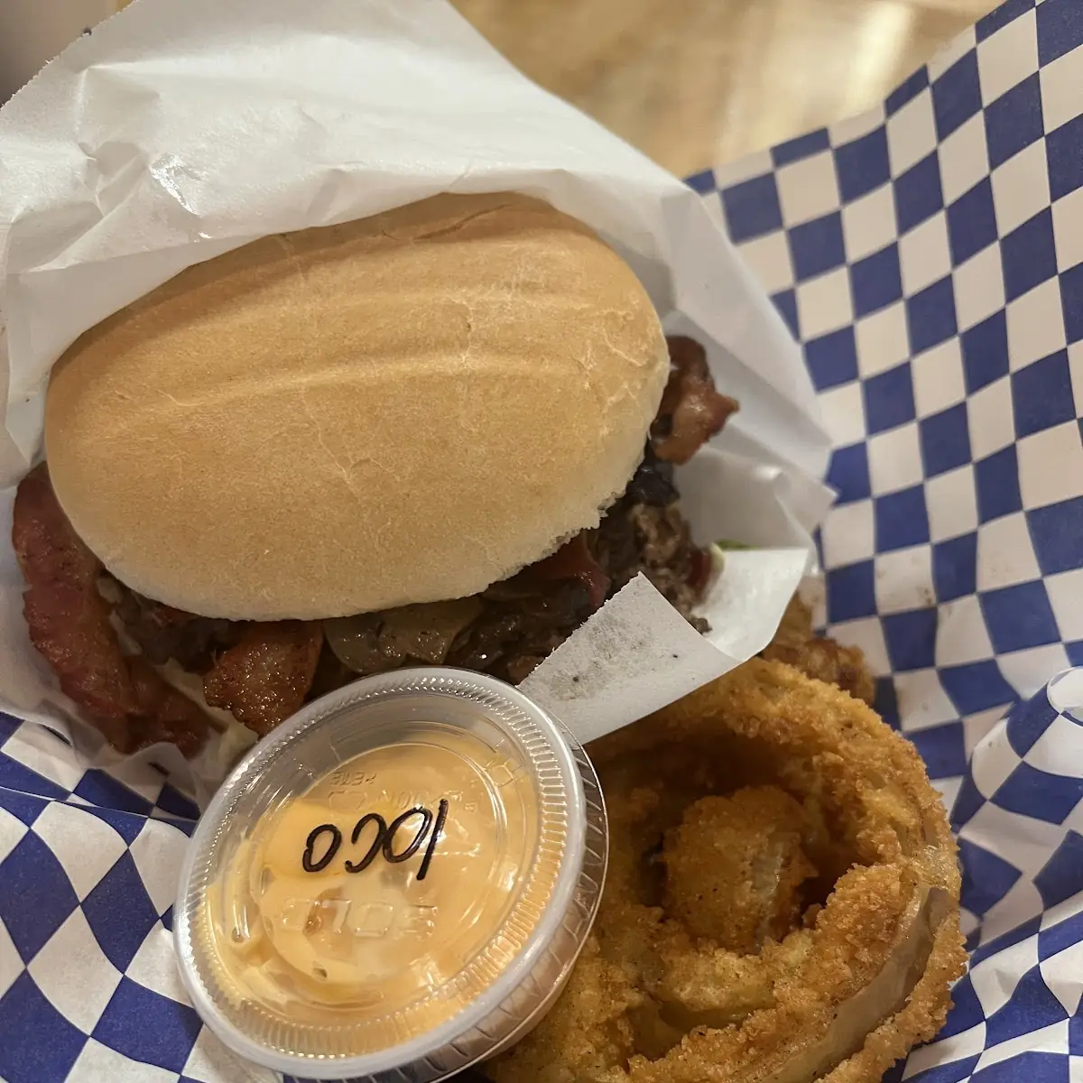 Mushroom Burger and Onion Rings