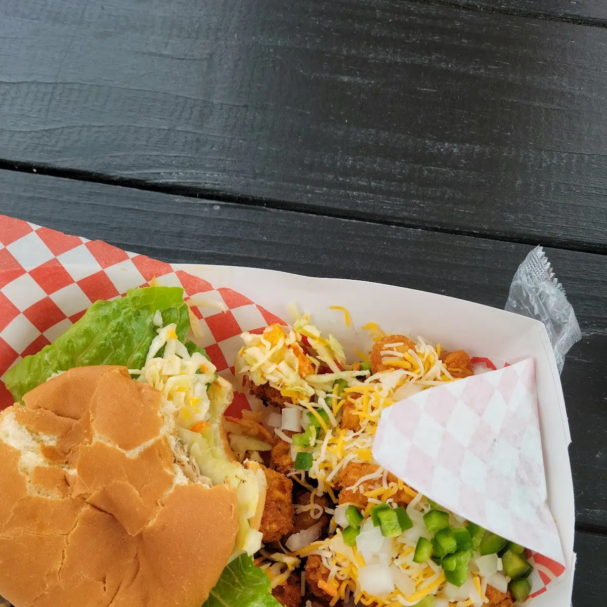 Jerk Chicken Sandwich with Loaded Tater Tots