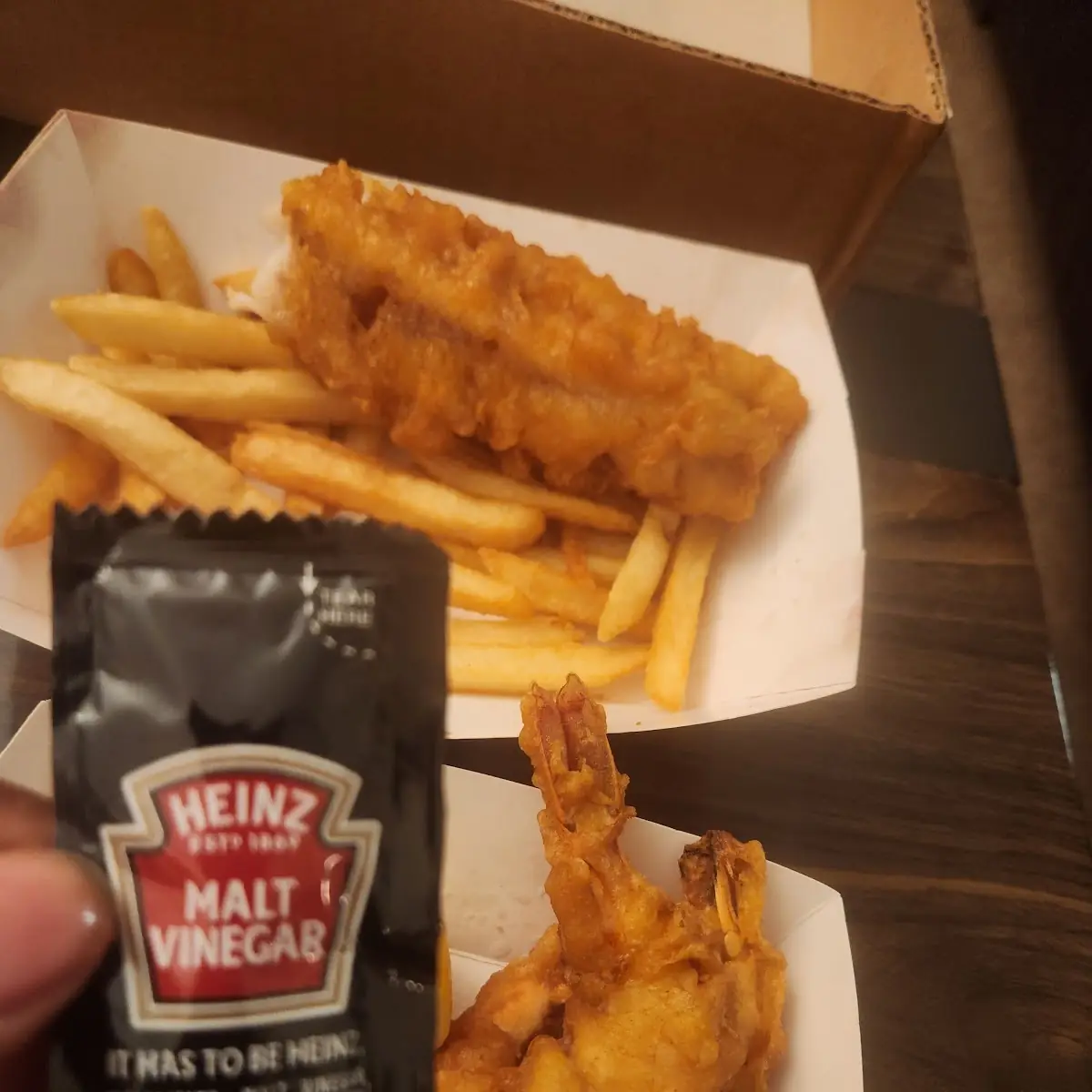 Battered Prawns Fish & Chips with Malt Vinegar