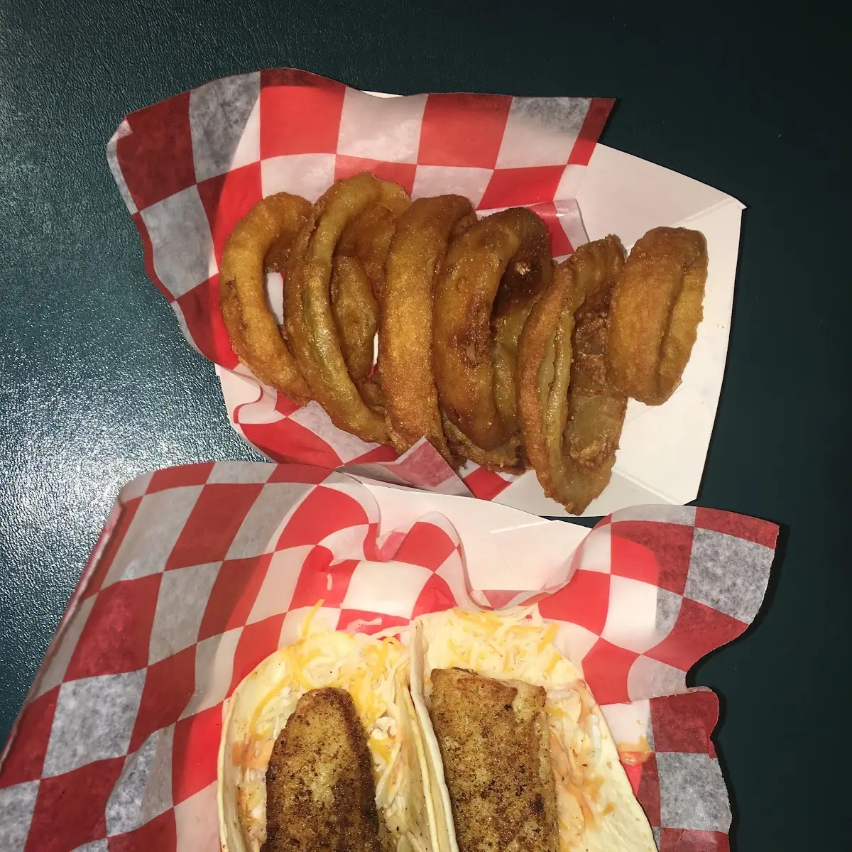Grilled Fish Tacos and Onion Rings