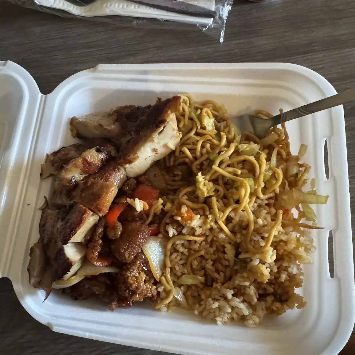 Chicken Teriyaki Beijing Beef Fried Rice and Noodles