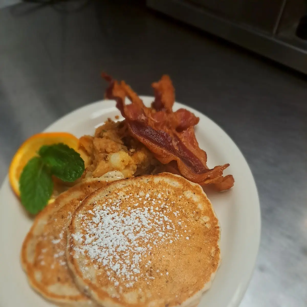 Buttermilk Pancakes with Breakfast Potatoes & Bacon