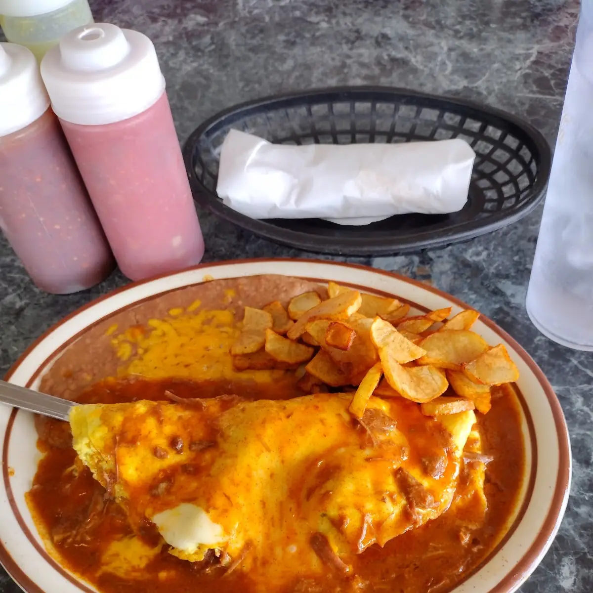 Chile Colorado Omelette with Beans and Rice