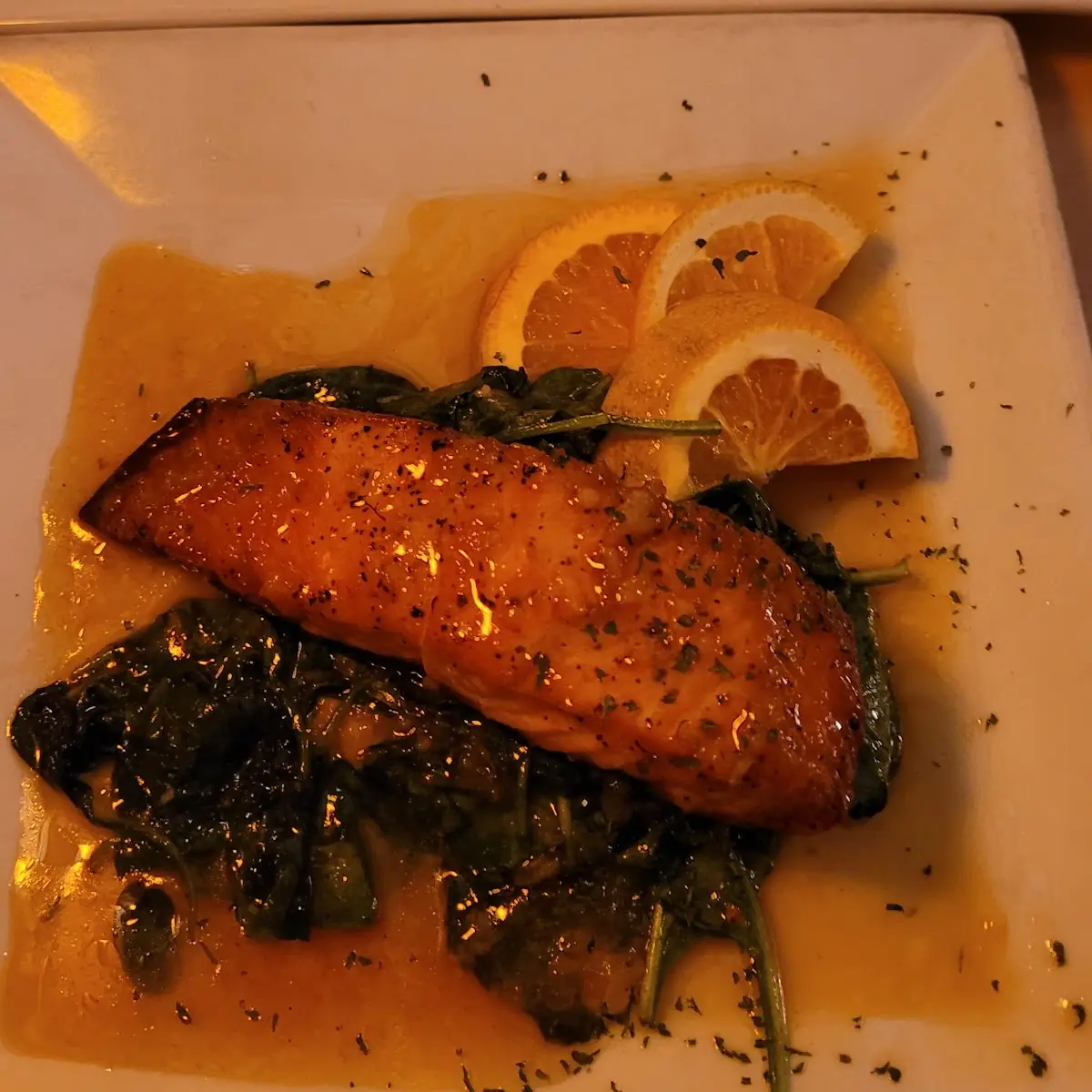 Orange Marmalade Salmon with Sautéed Spinach