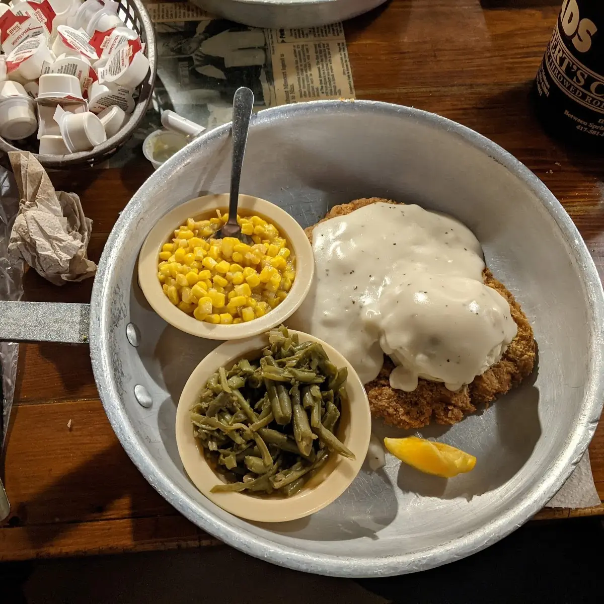 Country Fried Steak Mashed Potatoes and Gravy Corn and Green Beans