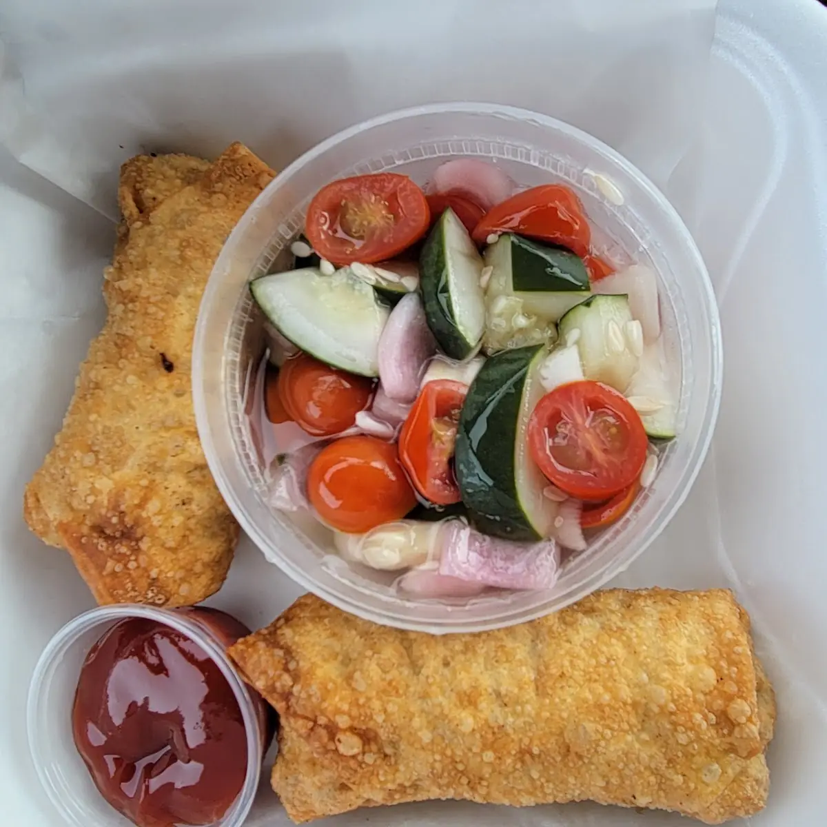 Cheese Burger Egg Roll with Cucumber Salad