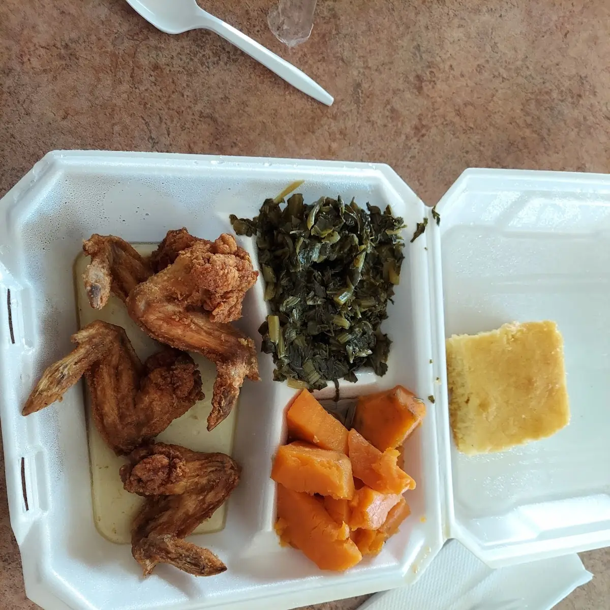 Fried Chicken Wings Greens and Sweet Potatoes