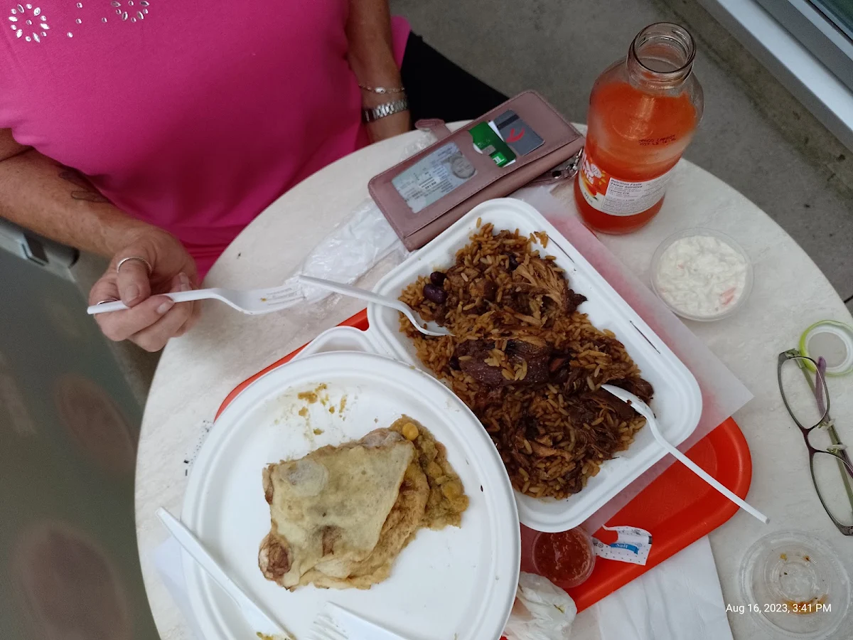 Jerk Boneless Chicken with Rice and Peas, Lena's Roti & Doubles
